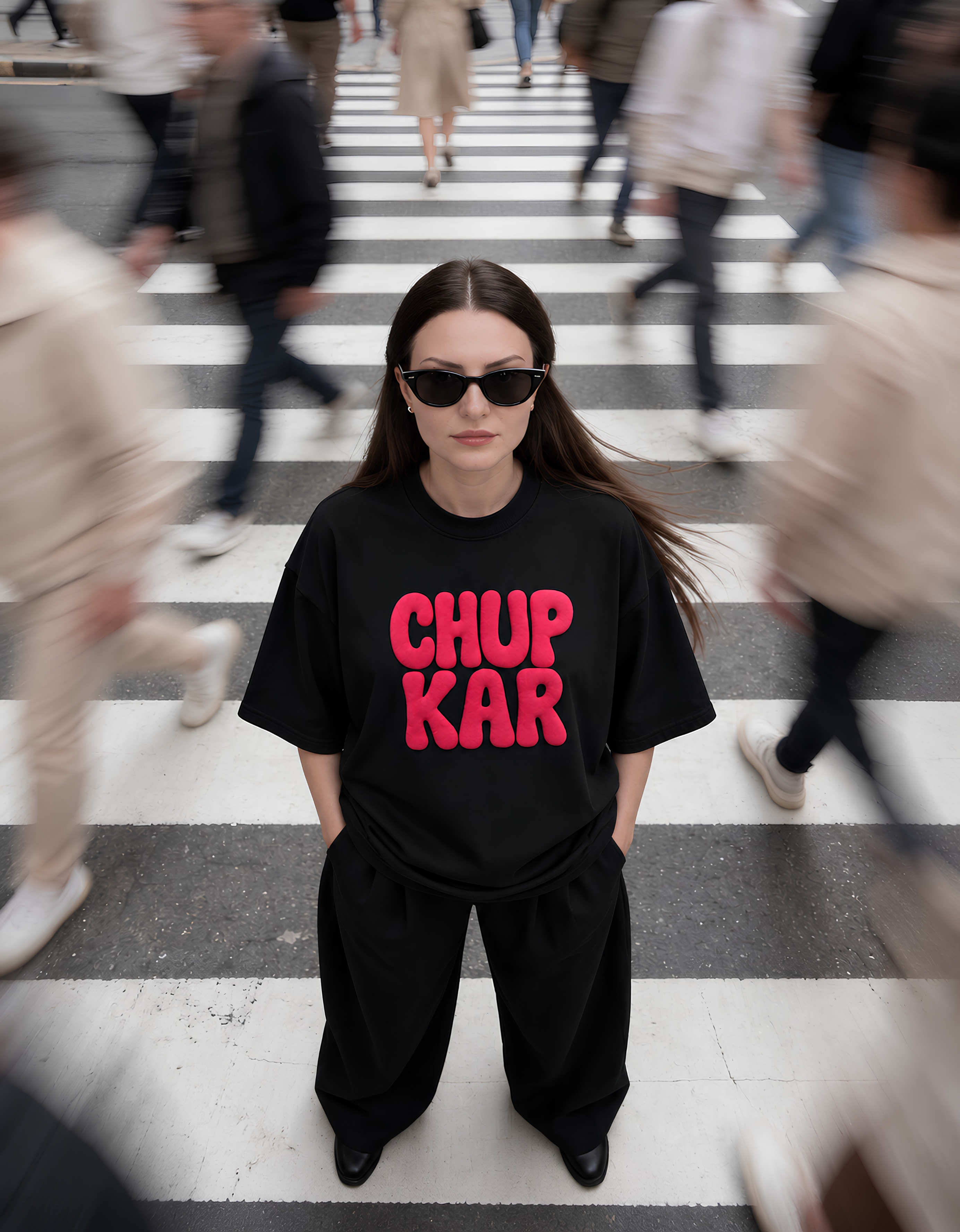 Model in the black Chup Kar tee standing still on a busy pedestrian crossing