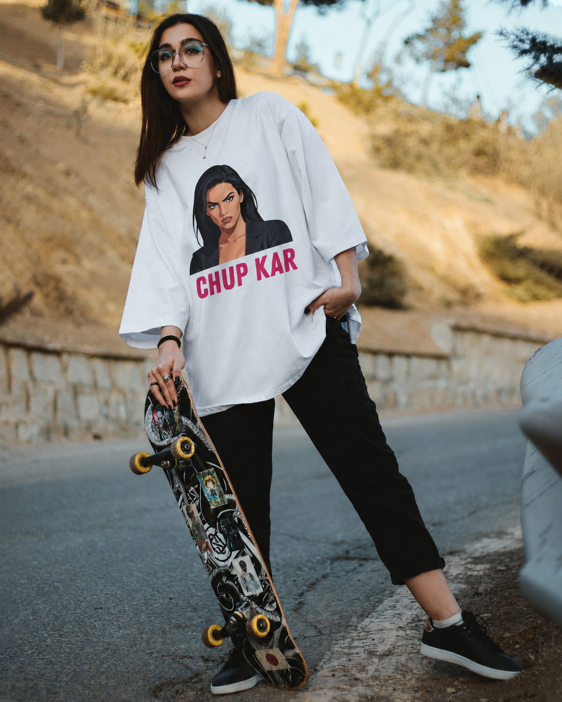 Chup Kar white tee with skateboard