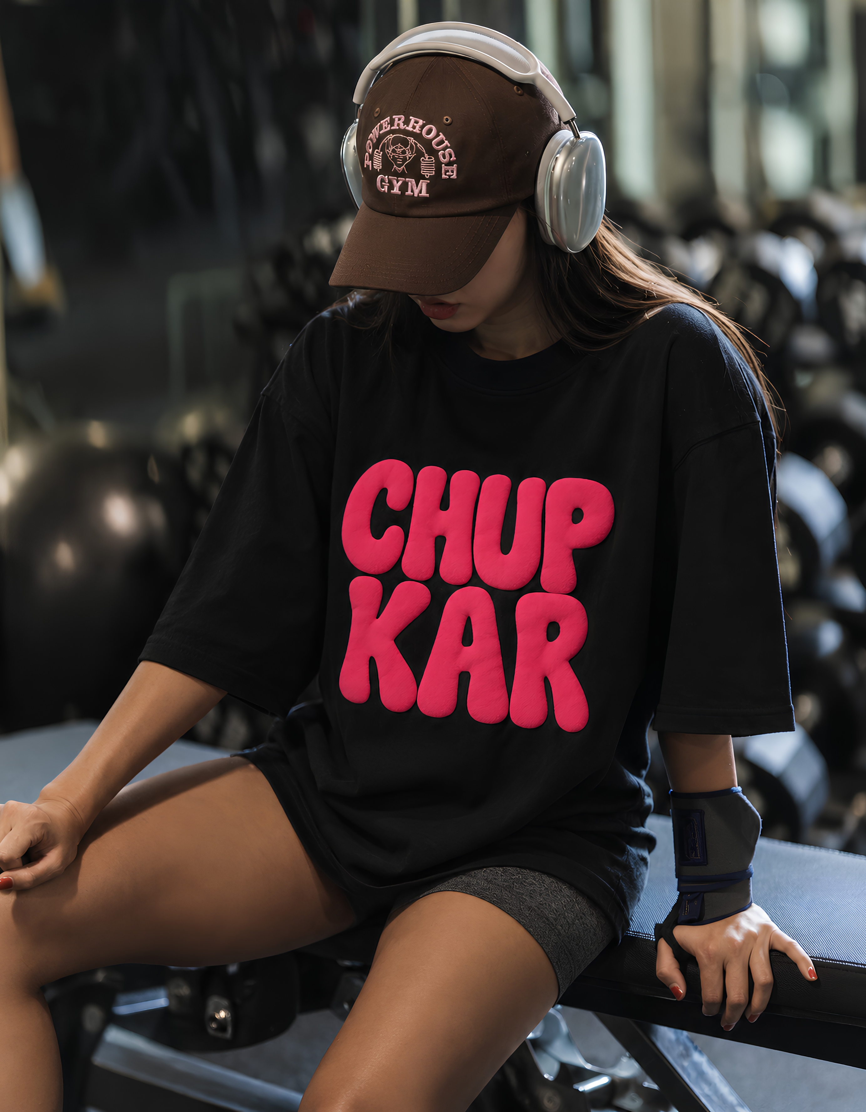 Model in the black Chup Kar tee seated on a gym bench