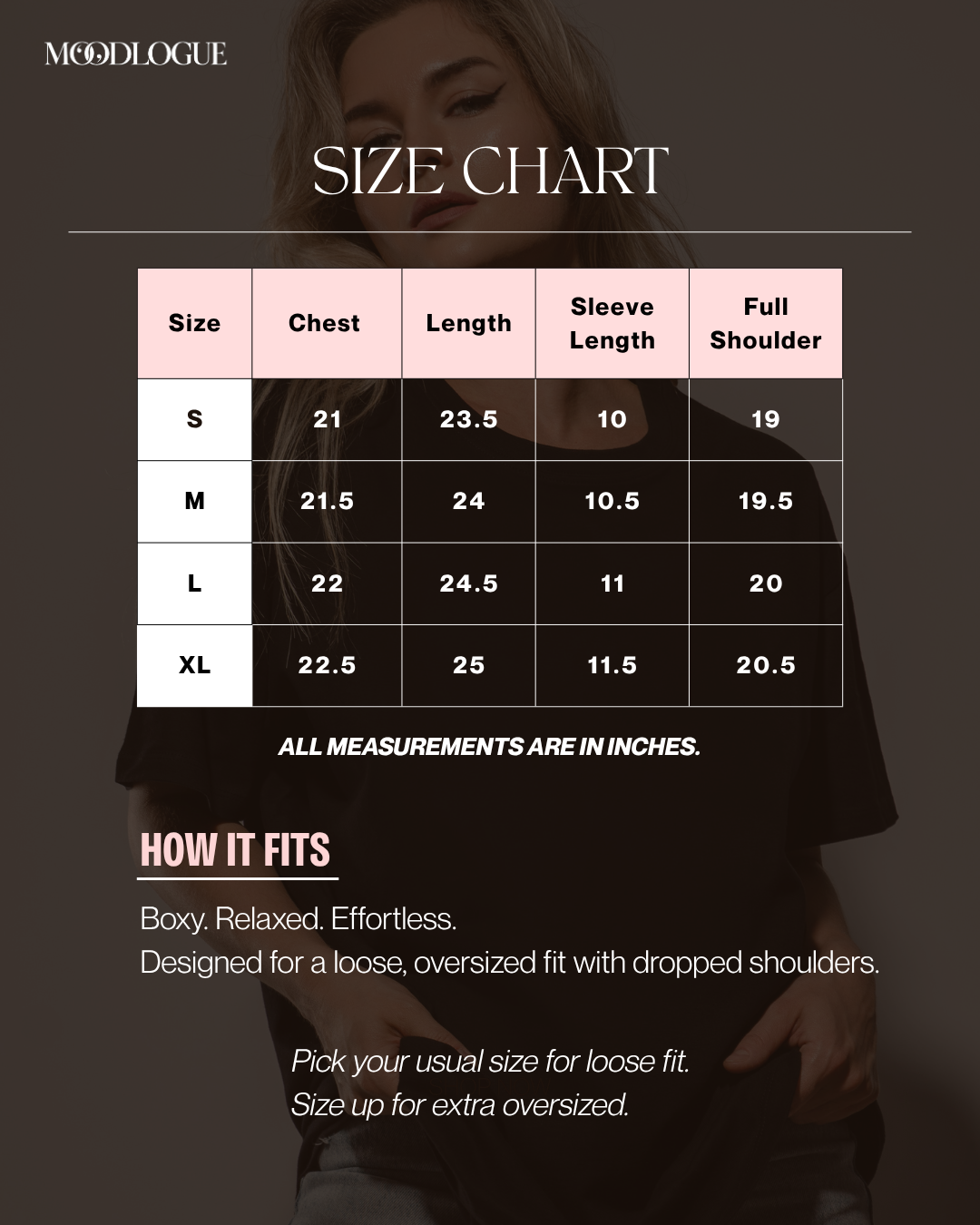 Moodlogue size chart with chest, length, sleeve length and full shoulder measurements in inches for sizes S, M, L and XL